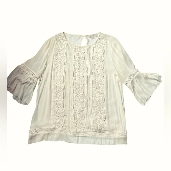 Loft blouse women’s L cream medallion lace 3/4 bell sleeve lacy crochet ruffle - Picture 2 of 9